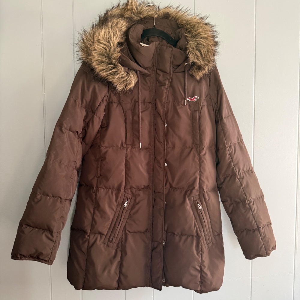 Hollister Womens L Chocolate Brown Faux Fur Hood Down Puffer Coat Y2K Bella Swan